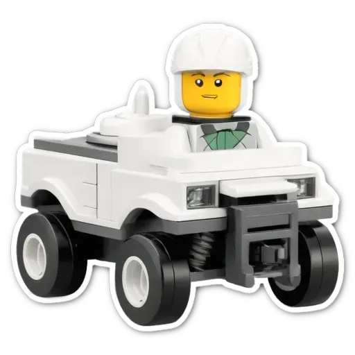 A white and black lego toy truck with a helmet and vest.