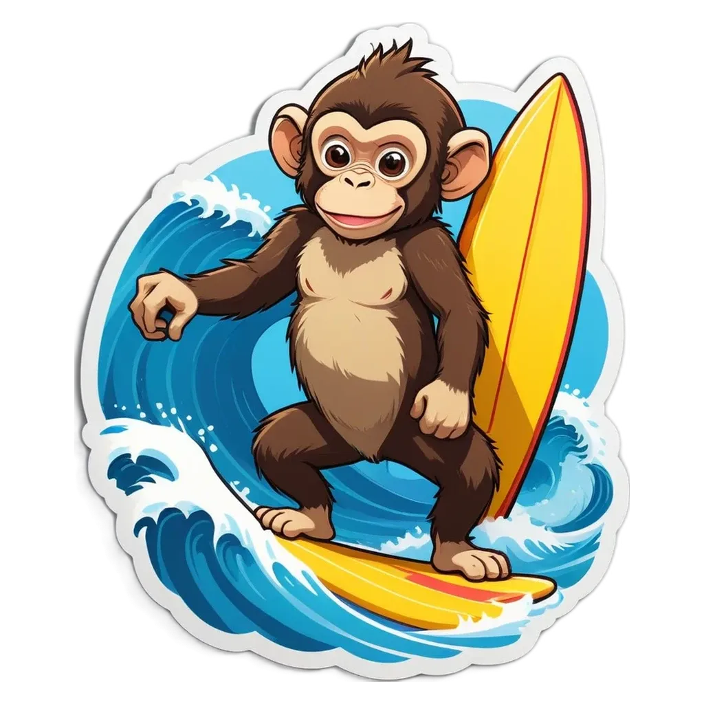 A cartoon monkey on a surfboard.