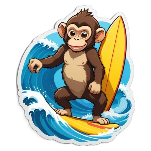 A cartoon monkey on a surfboard.