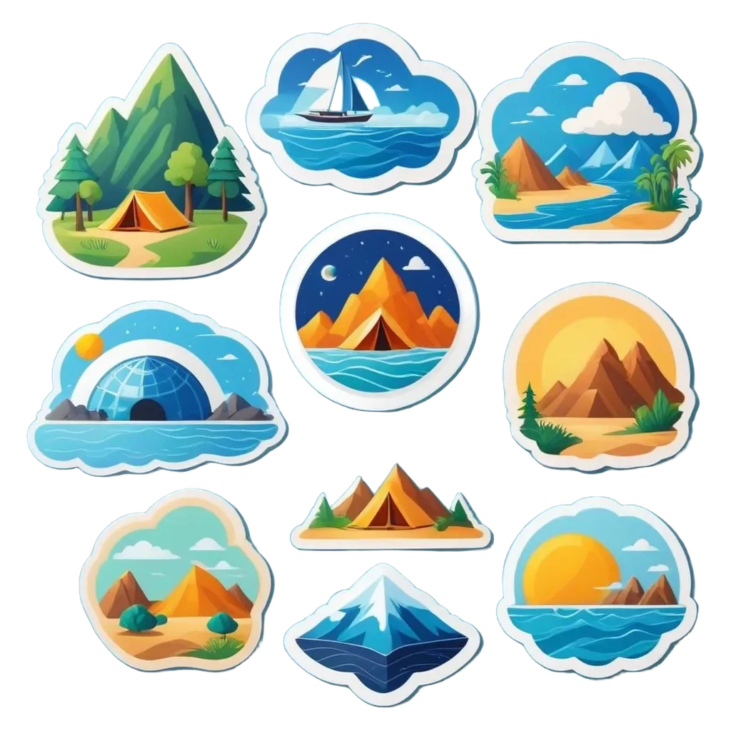 A set of stickers of different landscapes such as a beach, desert, and mountains.
