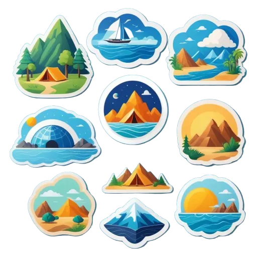 A set of stickers of different landscapes such as a beach, desert, and mountains.