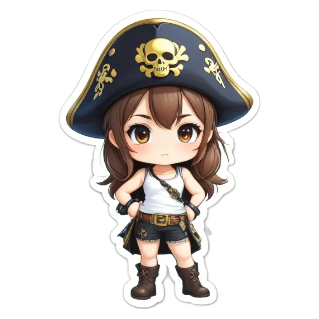A girl wearing a pirate hat has her arms crossed.