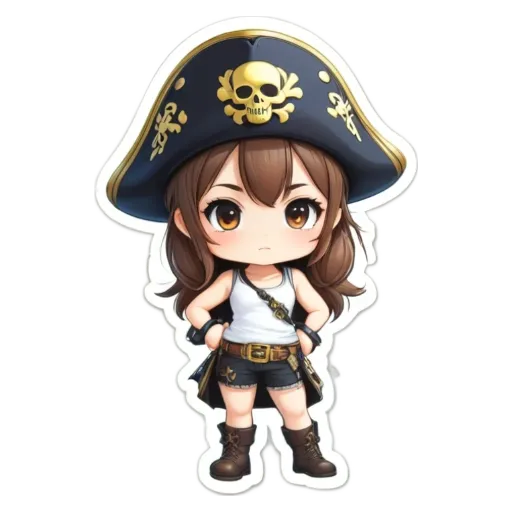 A girl wearing a pirate hat has her arms crossed.
