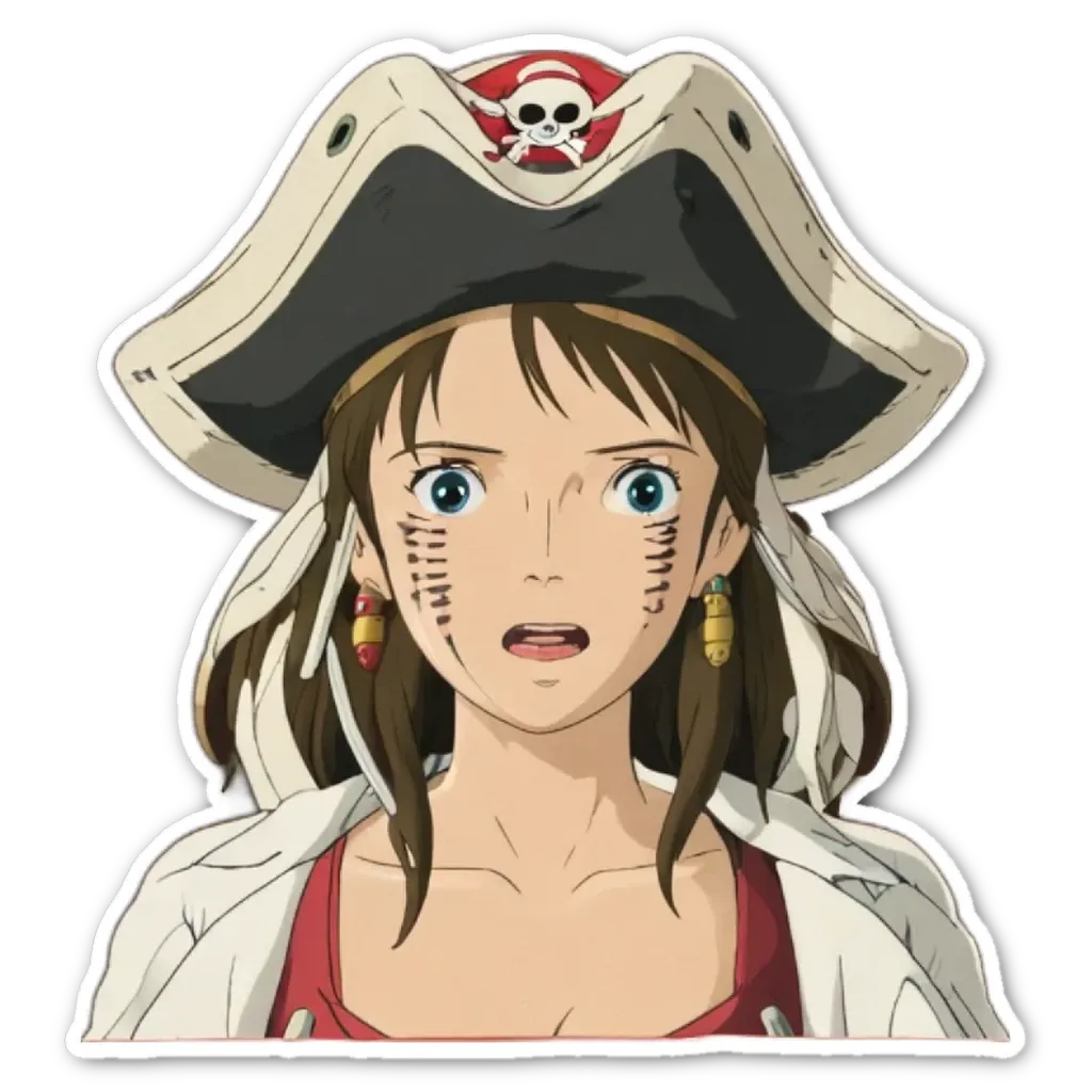 A woman with a pirate hat has some black markings on her face.