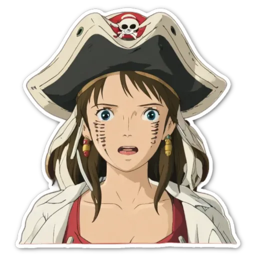 A woman with a pirate hat has some black markings on her face.