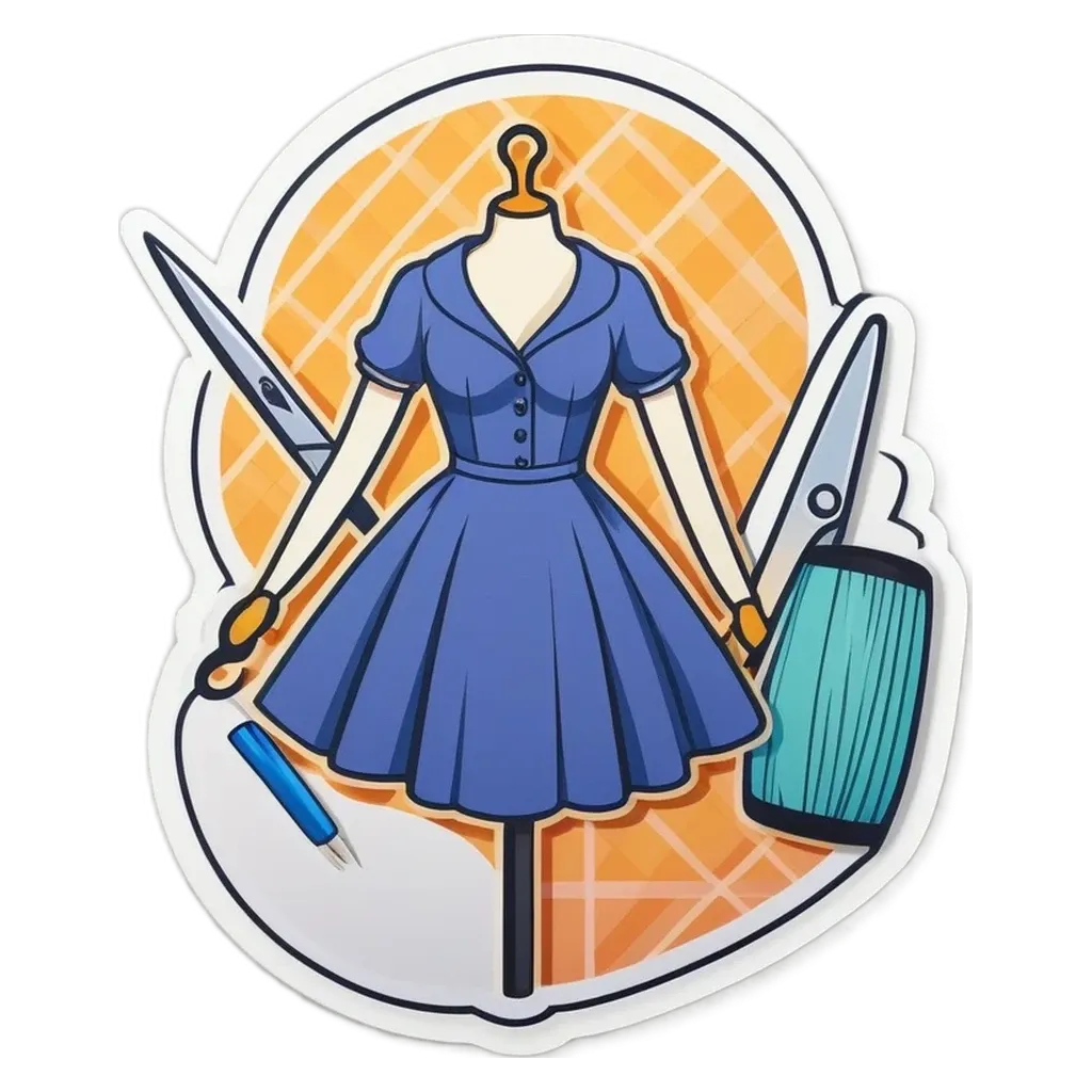 A blue dress and mannequin with a sewing kit on the left.