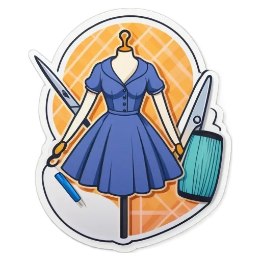 A blue dress and mannequin with a sewing kit on the left.