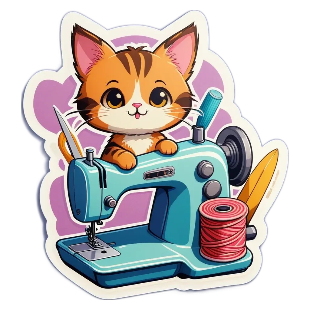 A cartoon cat sitting on a sewing machine with a spool of thread in front of it.