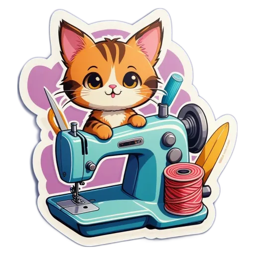 A cartoon cat sitting on a sewing machine with a spool of thread in front of it.