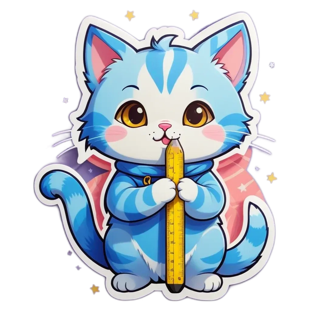 A blue and white cat holding a yellow ruler.