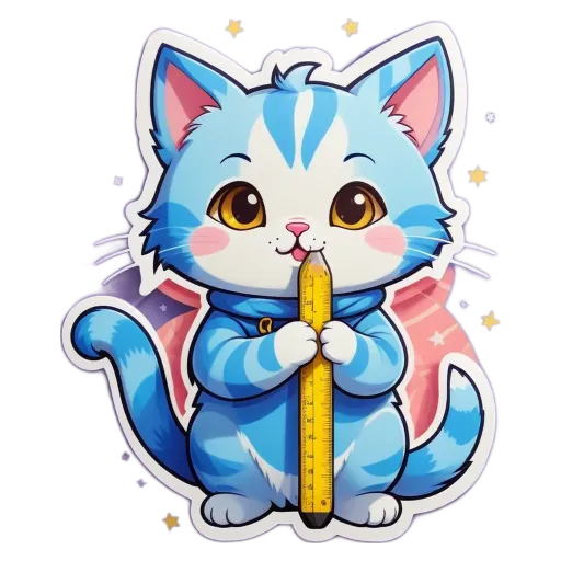 A blue and white cat holding a yellow ruler.