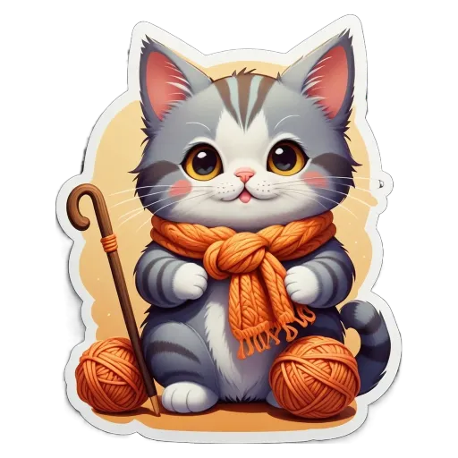 A cat sitting with a ball of yarn and a walking stick.