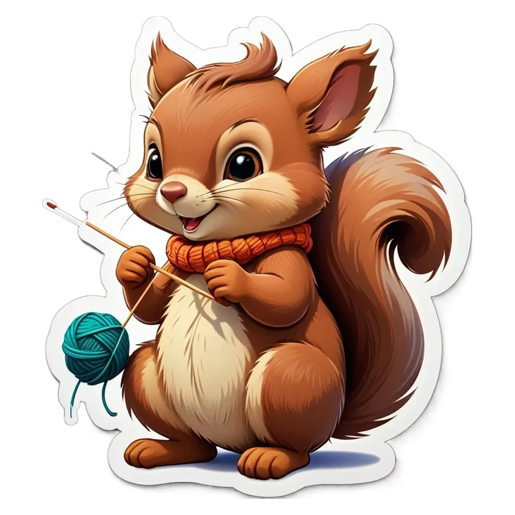 A squirrel is knitting a ball of yarn with a ball of yarn and a needles.