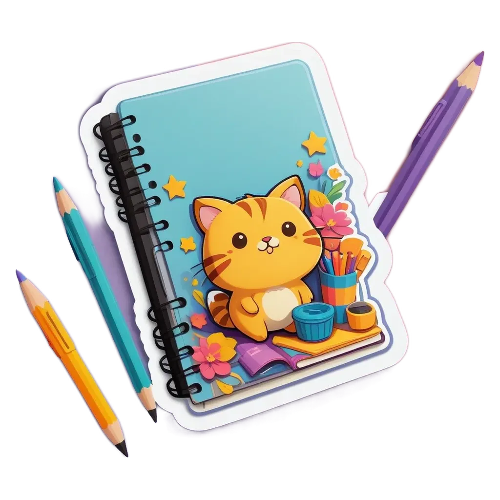 A cat drawing on the pages of a notebook with a pencil.