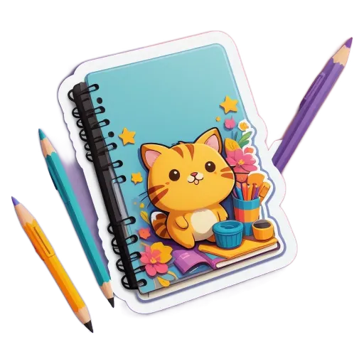 A cat drawing on the pages of a notebook with a pencil.