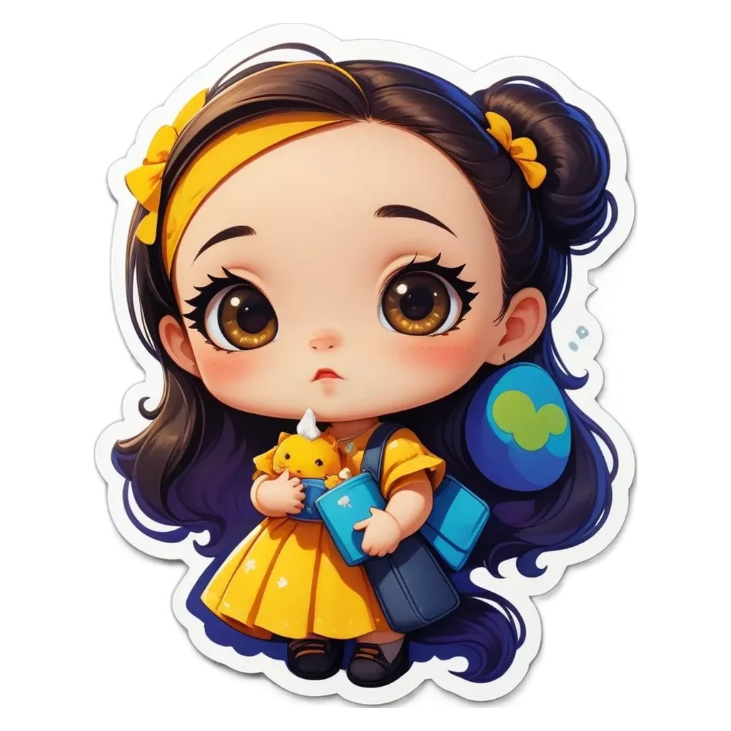 A girl with a headband holding a book and a yellow dress.
