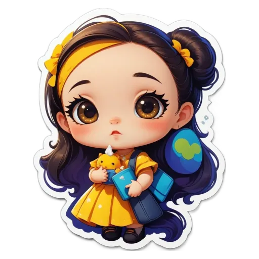 A girl with a headband holding a book and a yellow dress.