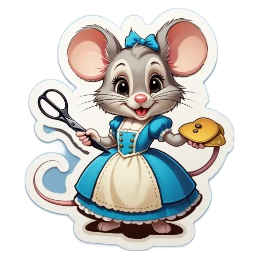 A cartoon image of a cat wearing a blue dress and holding a pair of scissors.