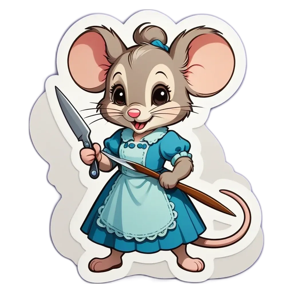 A cartoon cartoon mouse holding a knife in a dress.