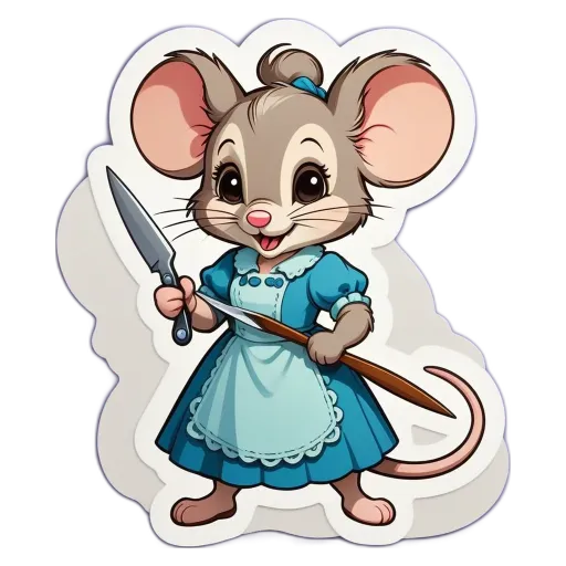A cartoon cartoon mouse holding a knife in a dress.