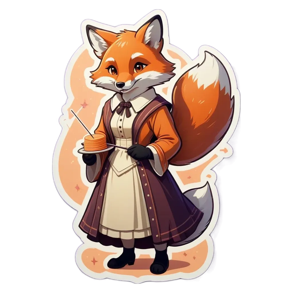 A cartoon picture of a fox wearing a dress and holding a cake.