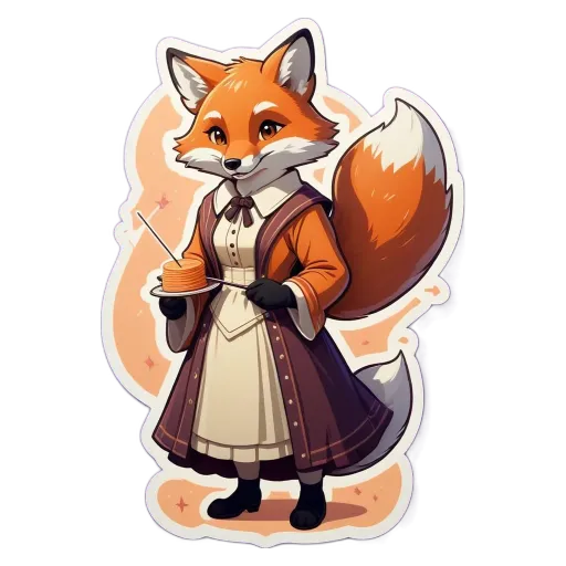 A cartoon picture of a fox wearing a dress and holding a cake.
