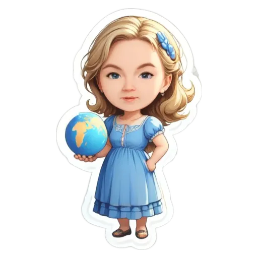 A cartoon girl holding a globe is shown.