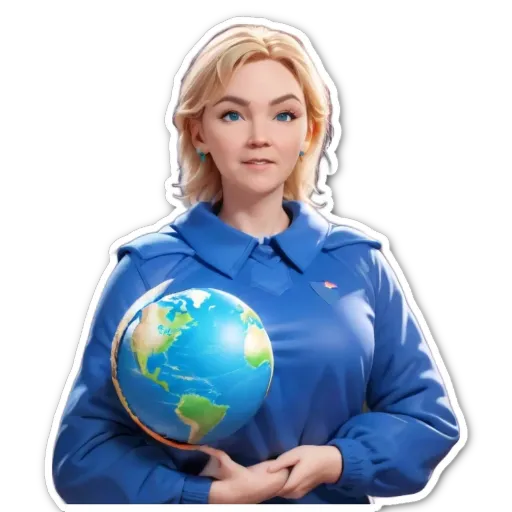 A sticker of a woman holding a round globe earth.
