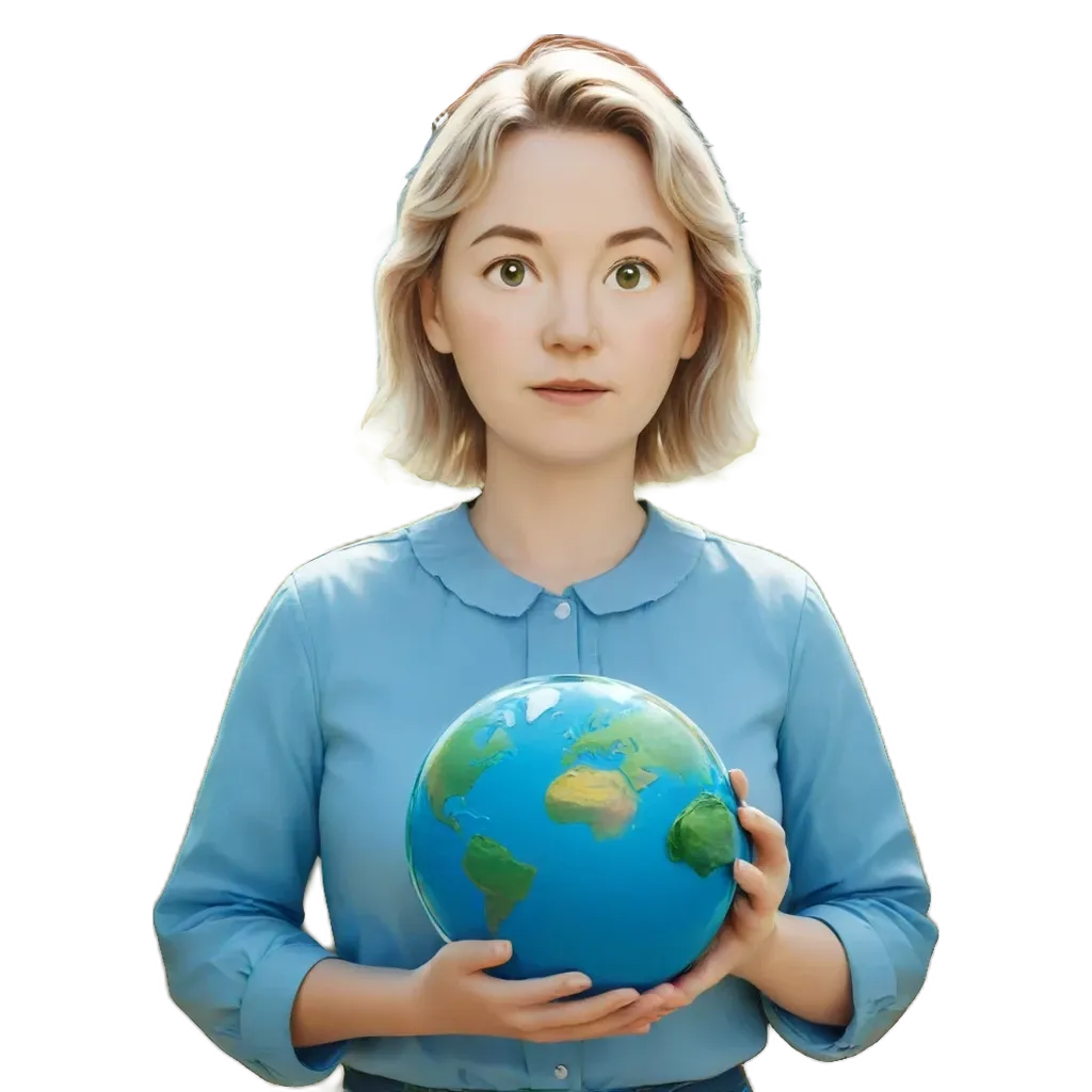 A woman is holding a fake earth in a fake globe.