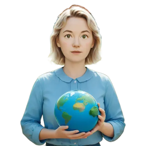 A woman is holding a fake earth in a fake globe.