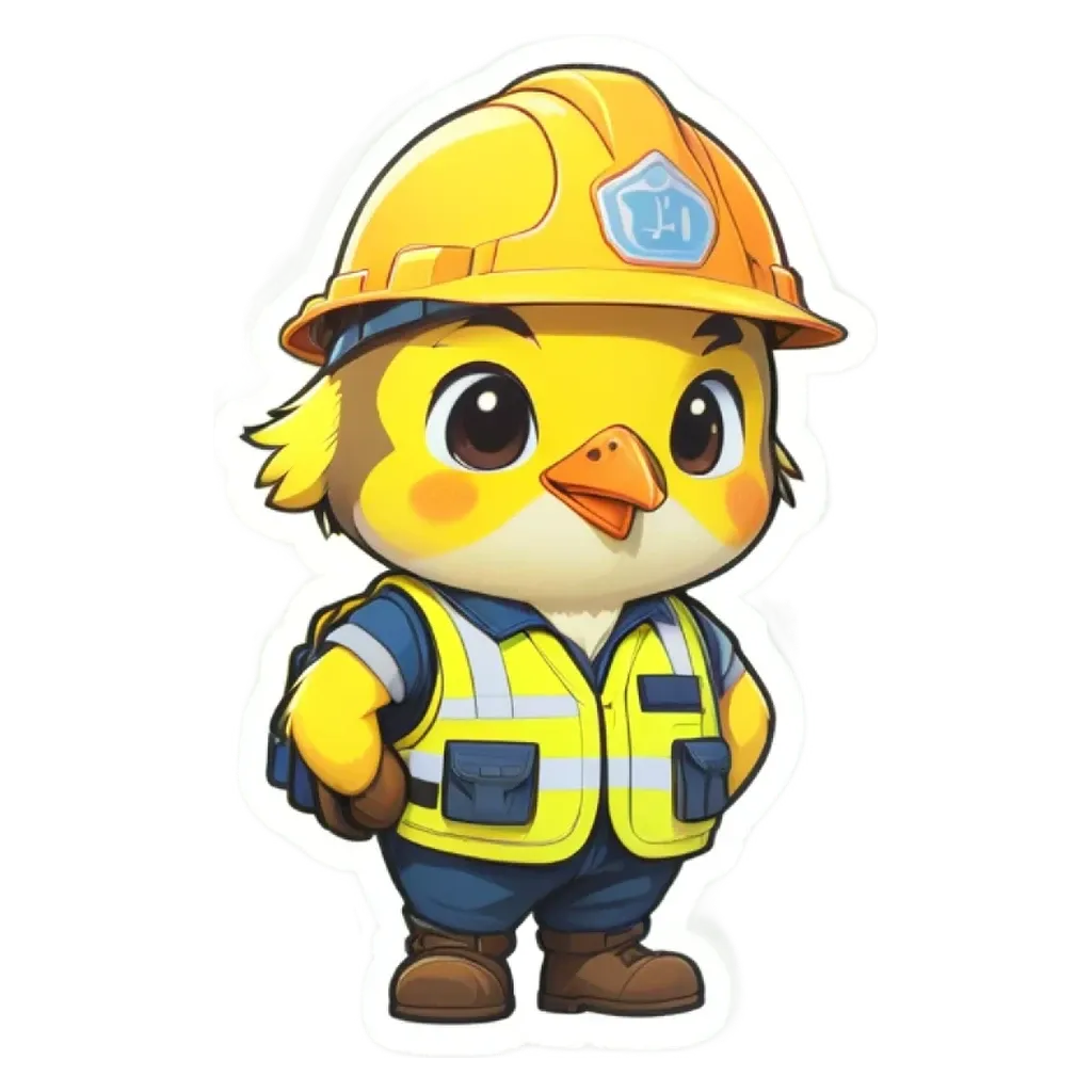 A yellow bird wearing a construction helmet is standing on a black and white background.