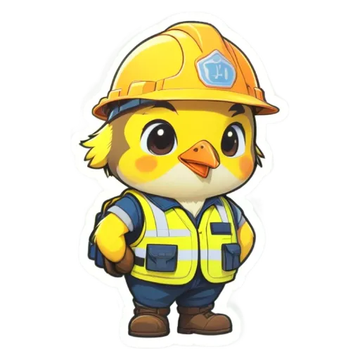 A yellow bird wearing a construction helmet is standing on a black and white background.