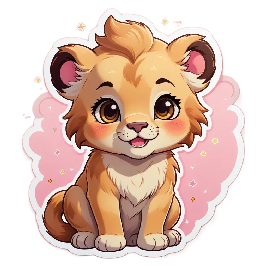 A cartoon picture of a lion cub sitting on a pink background.