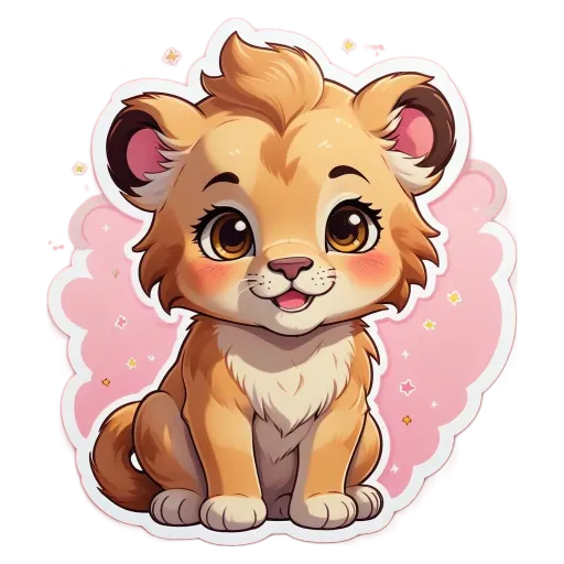 A cartoon picture of a lion cub sitting on a pink background.