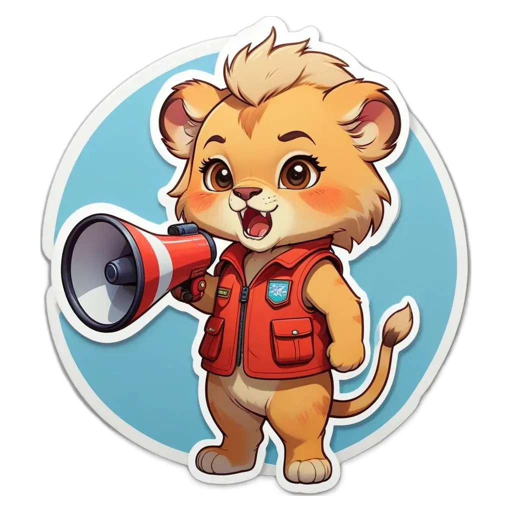 A lion using a megaphone to blow horn.