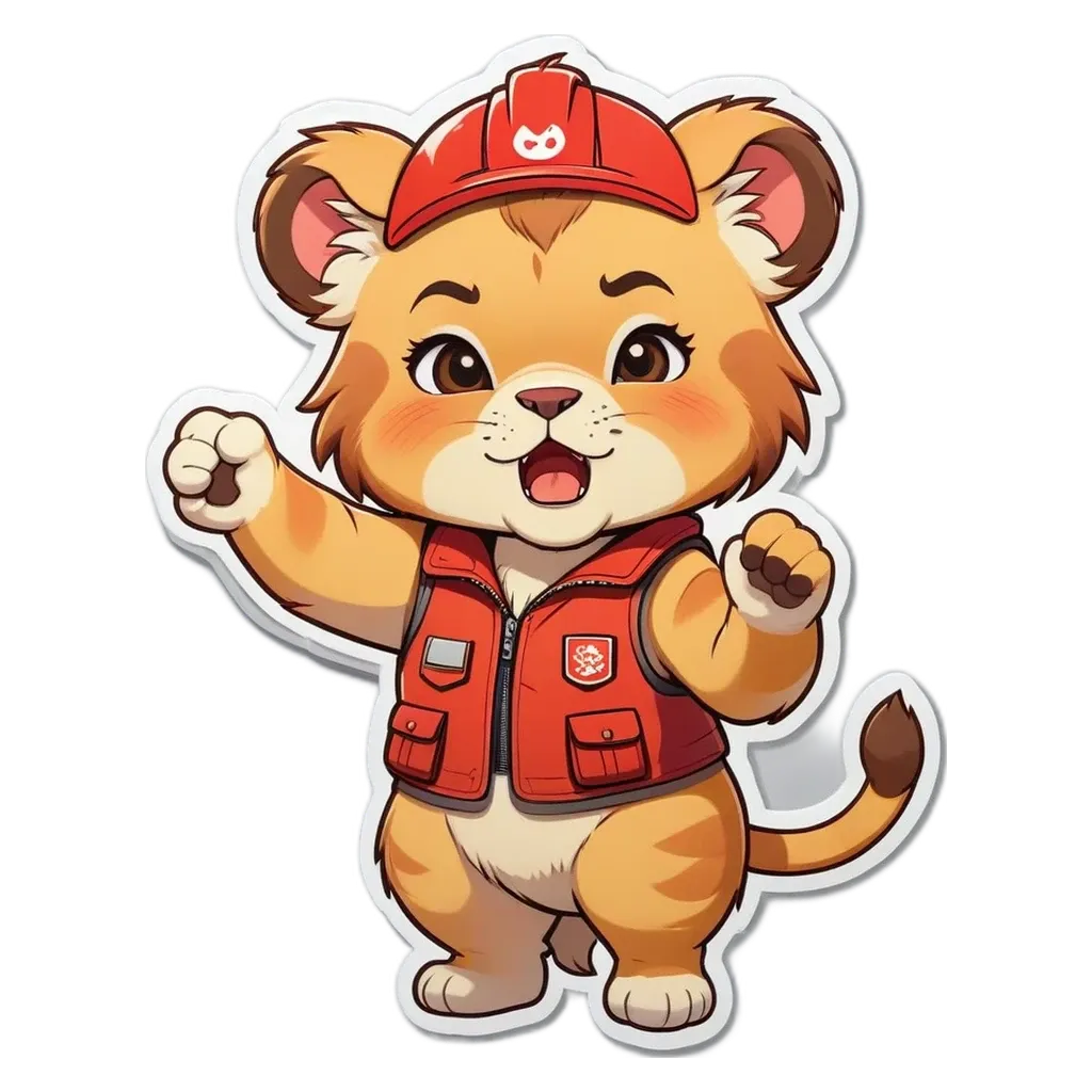 A cartoon animal wearing a red hard hat is standing on a black background.