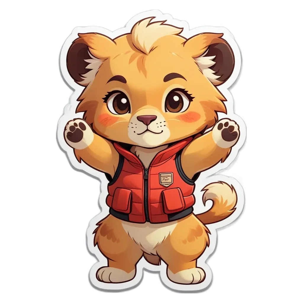 A cartoon animal wearing a jacket and vest, with its arms up.