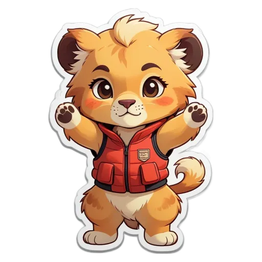 A cartoon animal wearing a jacket and vest, with its arms up.