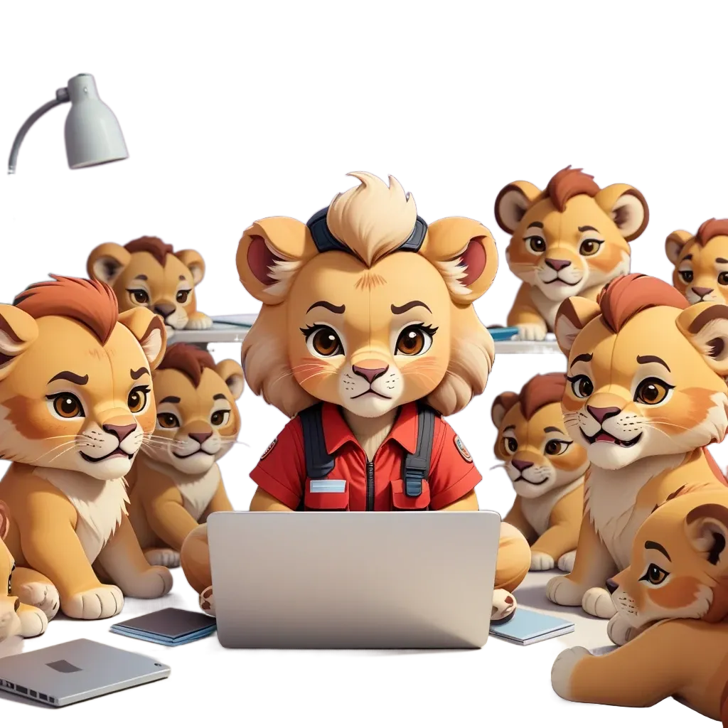 A cartoon depiction of a lion cubs surrounding a person using a laptop.