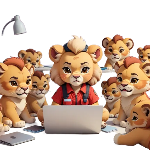 A cartoon depiction of a lion cubs surrounding a person using a laptop.