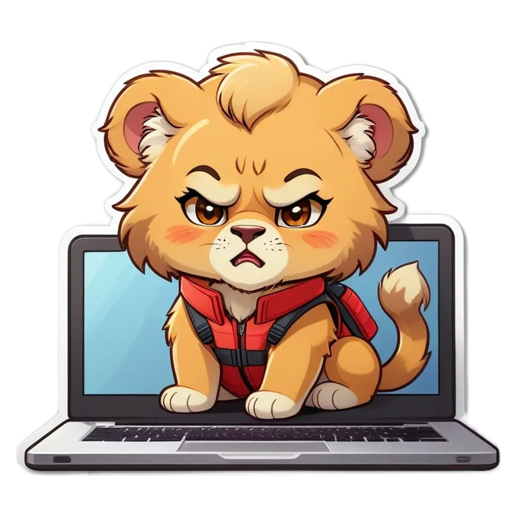 A lion is sitting on a laptop with a black screen.