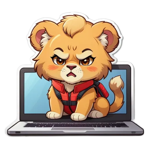 A lion is sitting on a laptop with a black screen.