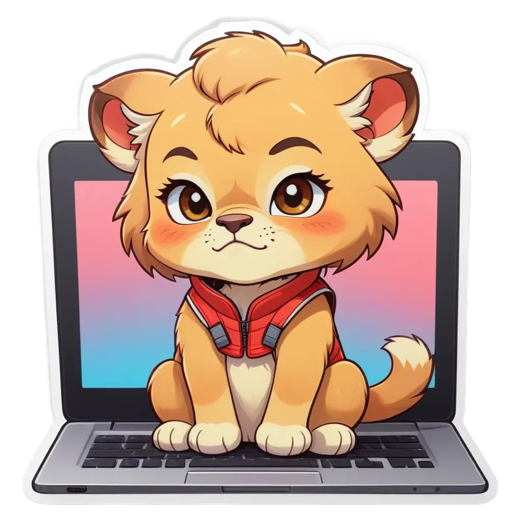 A cartoon animal sitting on a laptop with a pink and blue background.