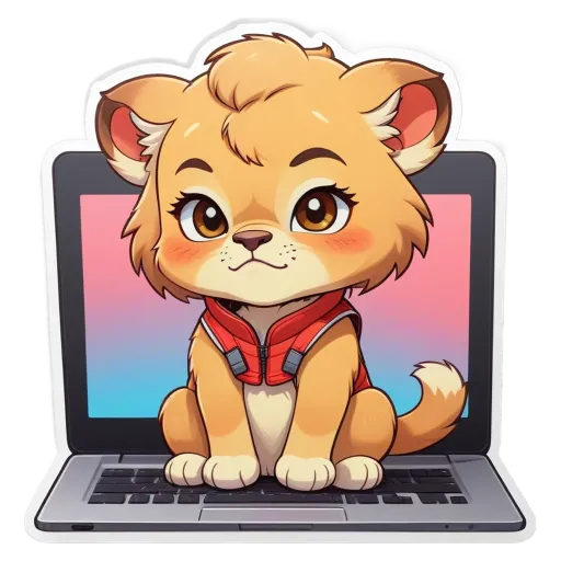 A cartoon animal sitting on a laptop with a pink and blue background.