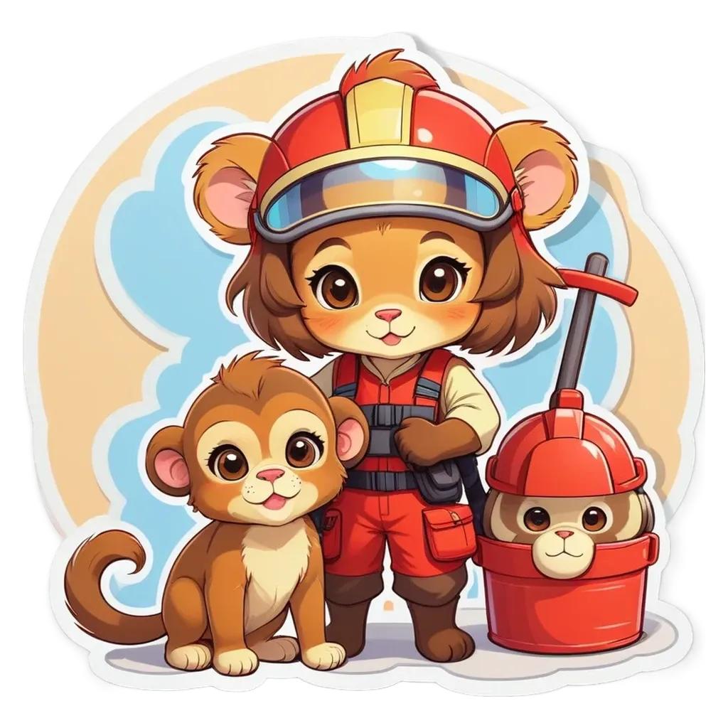 A cartoon fireman and his monkey friend on a black and white background.
