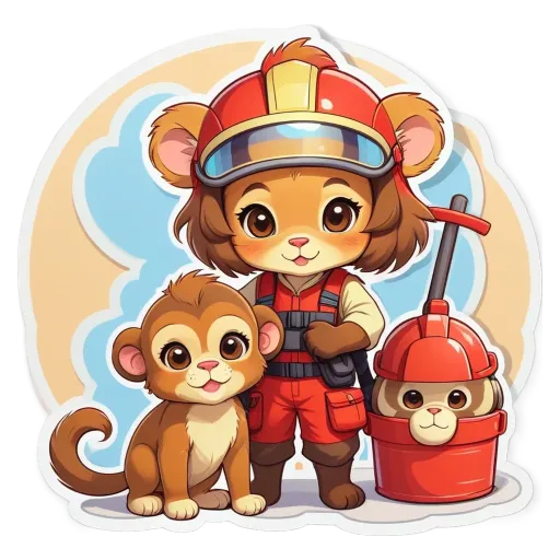 A cartoon fireman and his monkey friend on a black and white background.