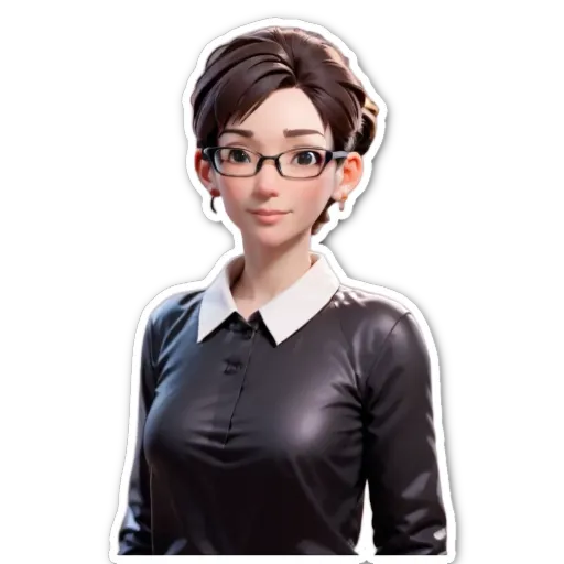A sticker of a woman with glasses that is on a black background.