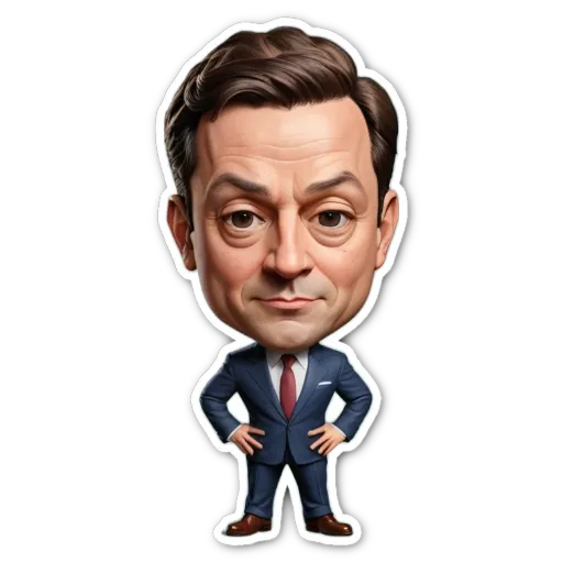 A cartoonish drawing of a man in a suit with his hands on his hips.