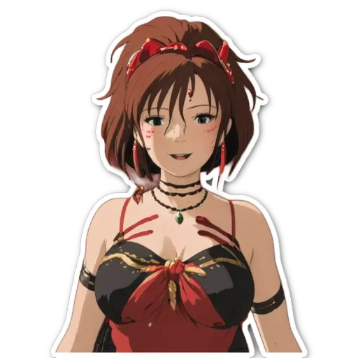 A woman with a black dress and red accents is smiling.