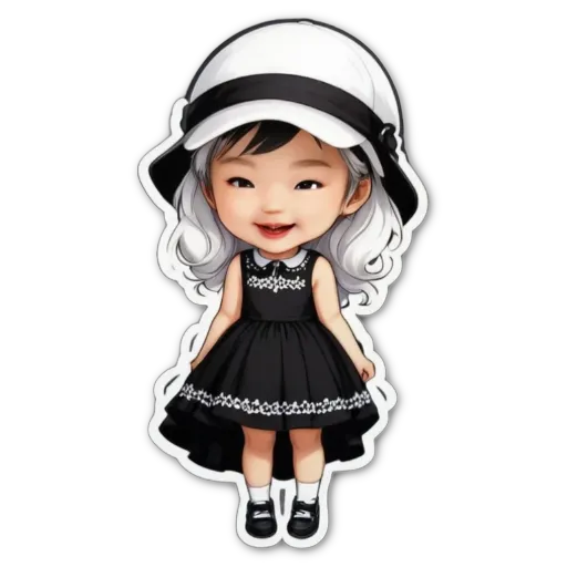 A girl wearing a hat and dress of which i don't know the exact details.